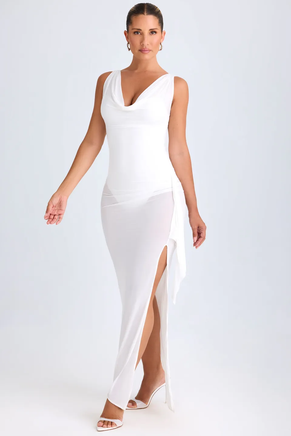 Oh Polly Deva Robe Midi Blanche Col Drapé Fente