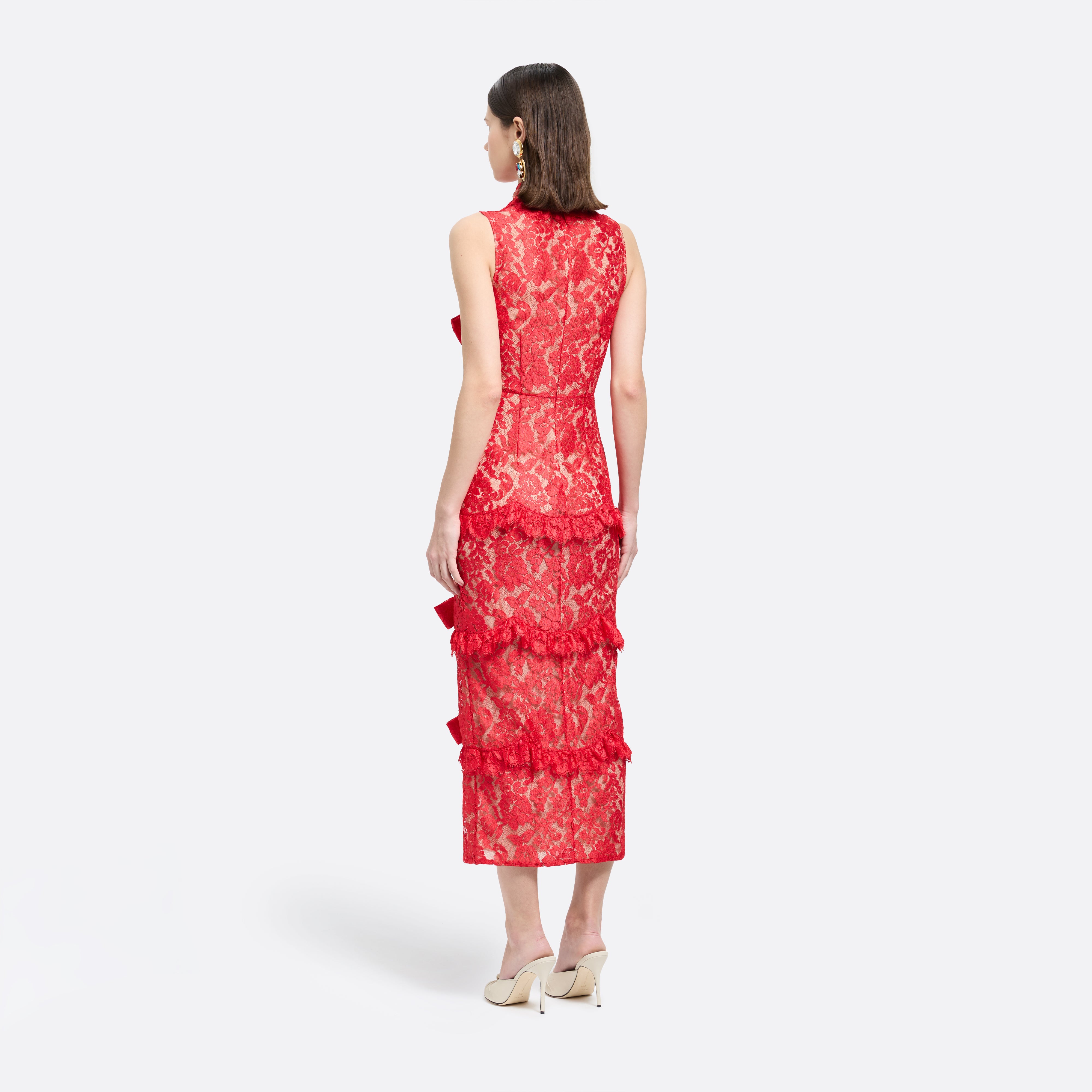 Alessandra Rich Dresses Lace Robe dentelle rouge col montant