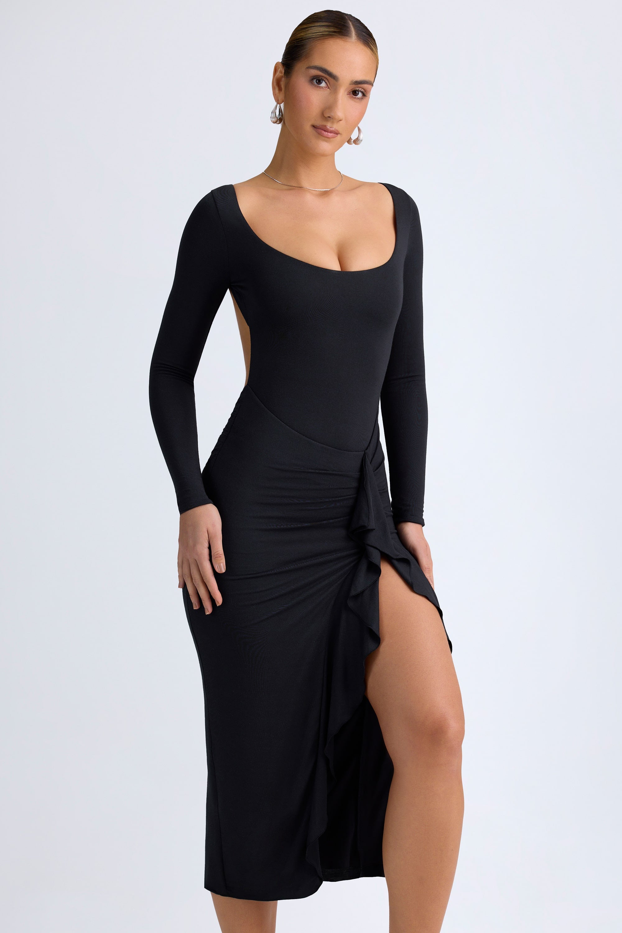 Oh Polly Tarai 12893 robe midaxi noire modal volants