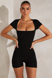 Oh Polly Bea Unitard Noir - Bodysuit Col Carré Manches Courtes