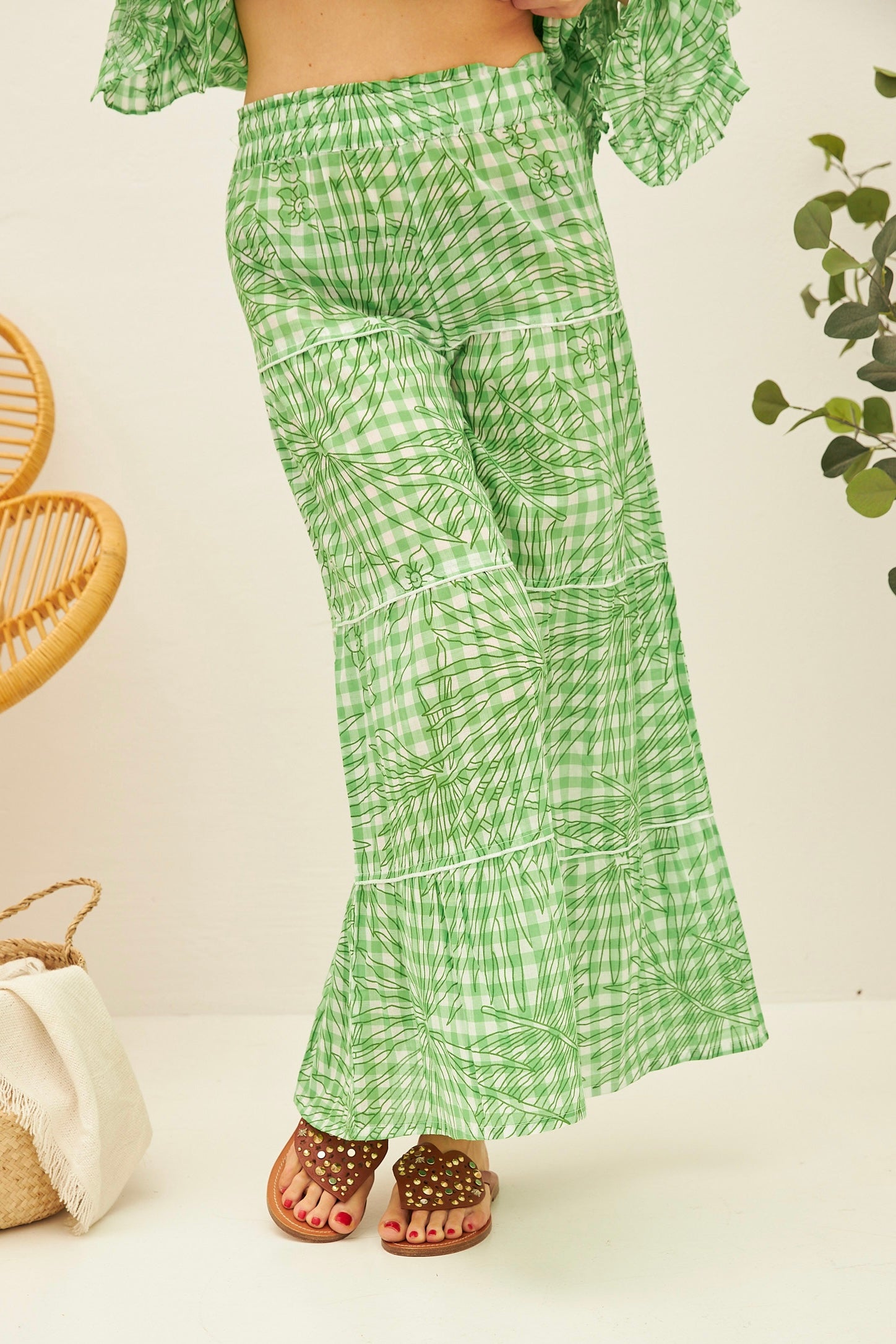 Chicosoleil Barclay pantalon ample vichy vert coton