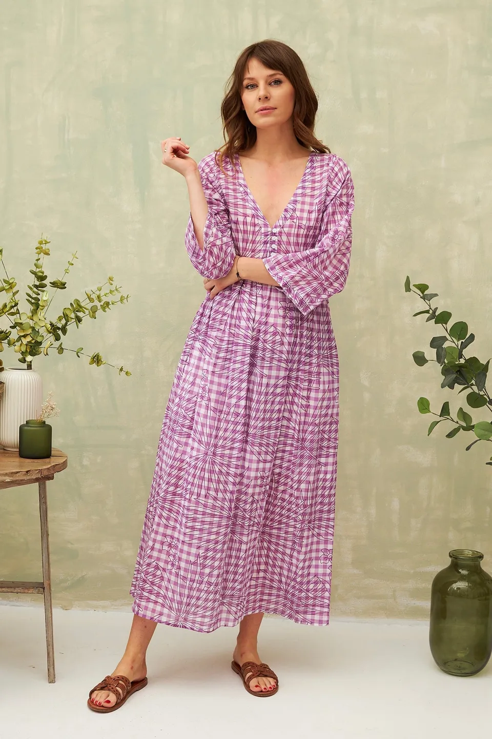 Chicosoleil Claudia robe longue vichy violet coton