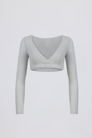 Oh Polly Tops crop top jersey gris col V manches longues