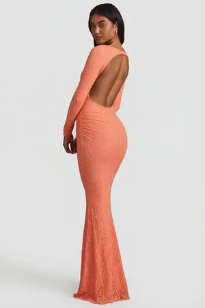 Oh Polly Tarini 14103 robe longue pêche dentelle dos nu