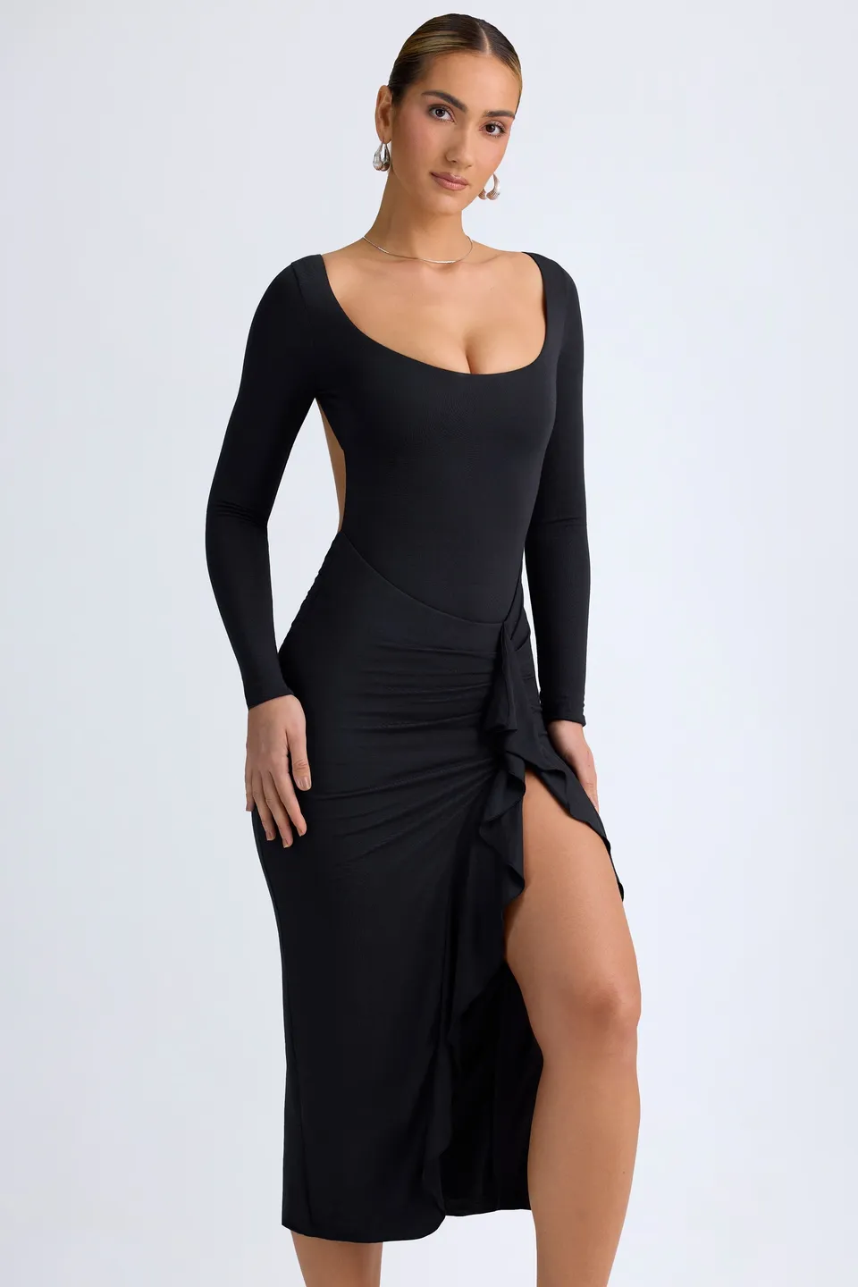 Oh Polly Tarai 12893 robe midaxi noire modal volants