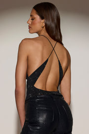 Oh Polly Embellished Top Tindra dos nu noir strass