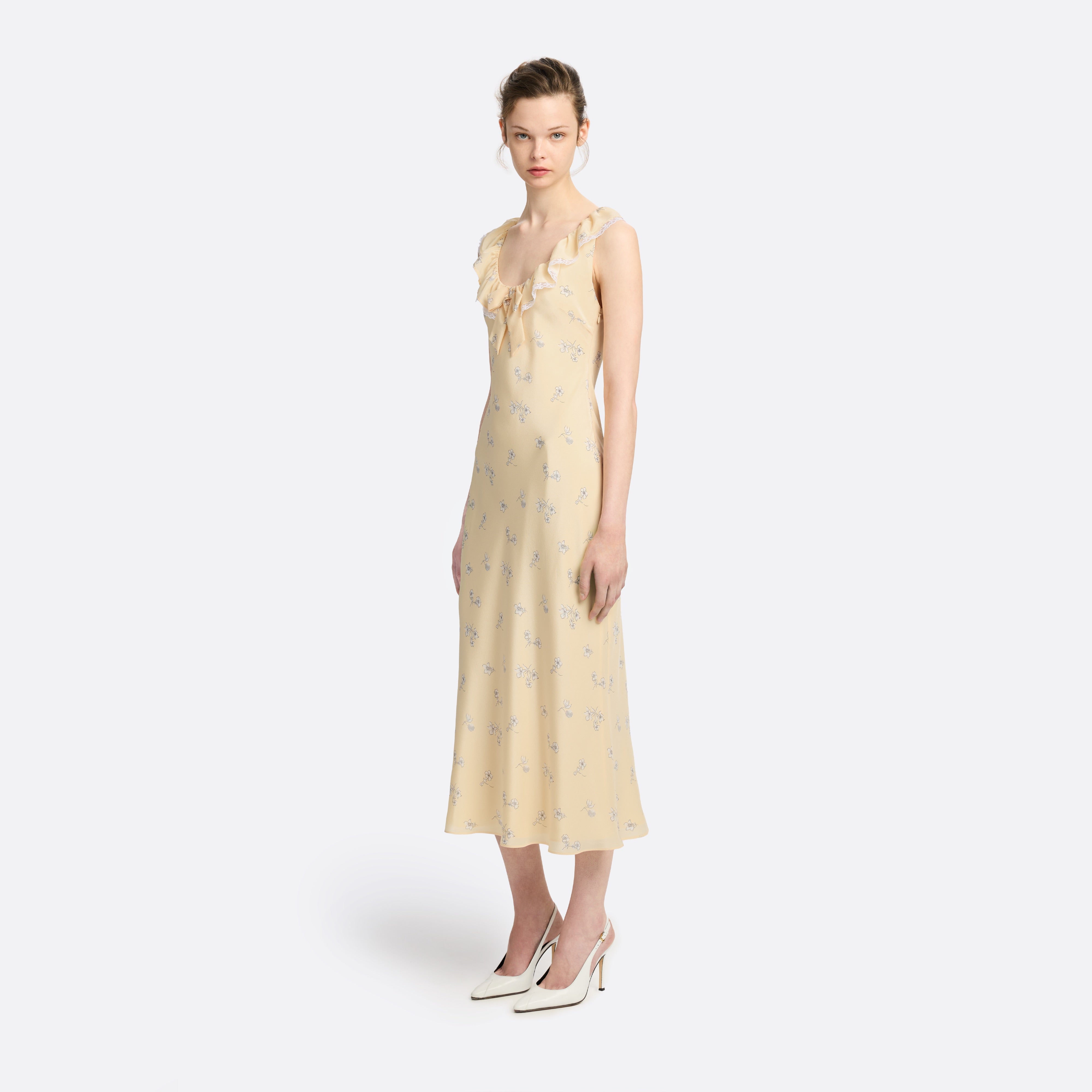 Alessandra Rich Silk Slip robe midi jaune pâle fleurie