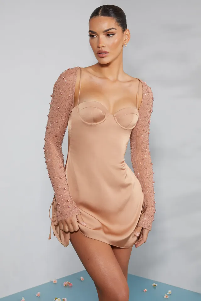 Oh Polly Embellished Geneva 6717 robe mini beige satin strass