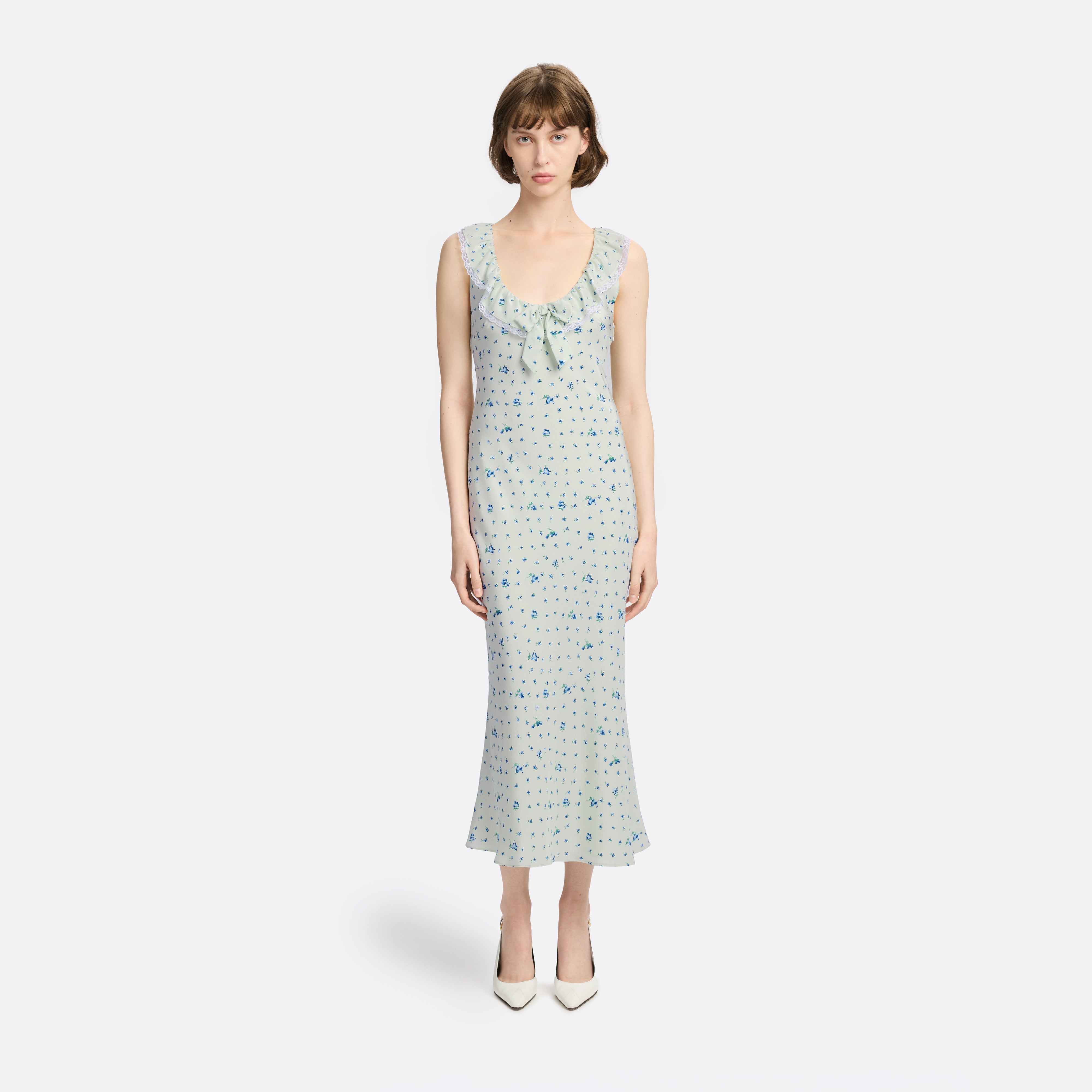 Alessandra Rich Silk Slip Midi robe nuisette bleu aqua floral