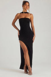 Oh Polly Embellished 6126 maxi robe noire bustier perles