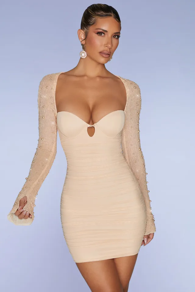 Oh Polly St Germain 5318 robe mini sable manches longues perlée
