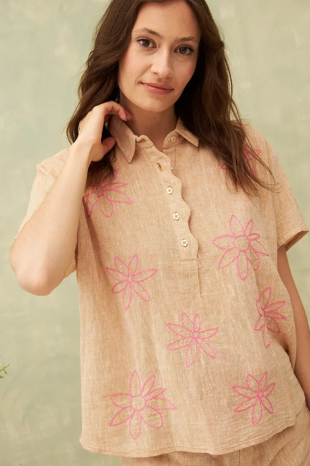 Chicosoleil Missy top beige manches courtes brodé coton