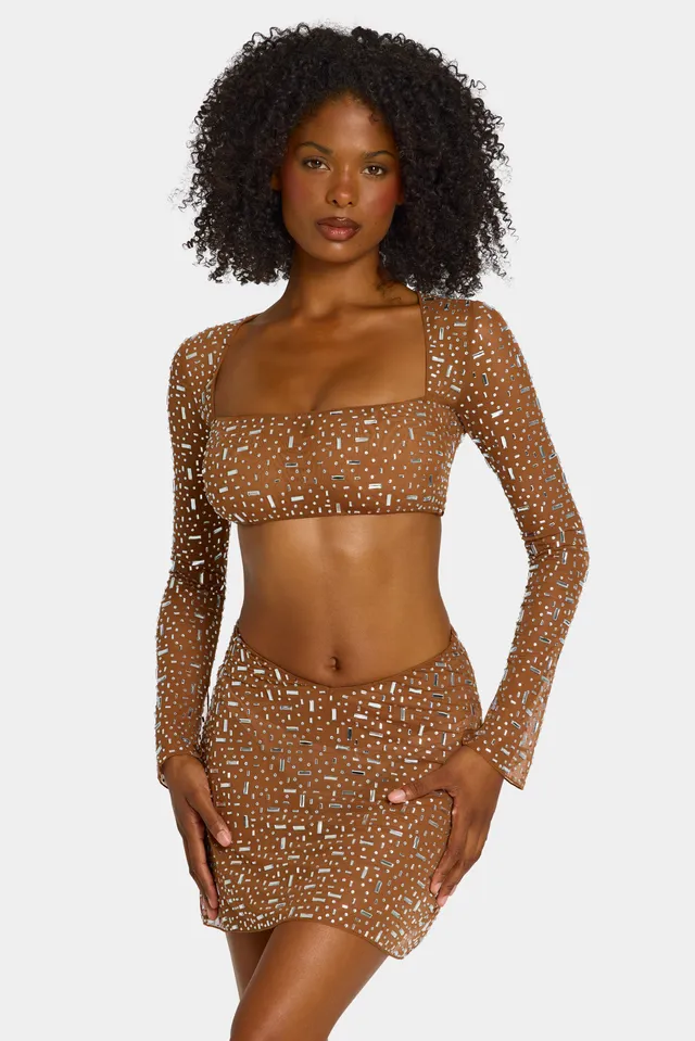 Oh Polly Embellished Giulia 7231 crop top mocha strass