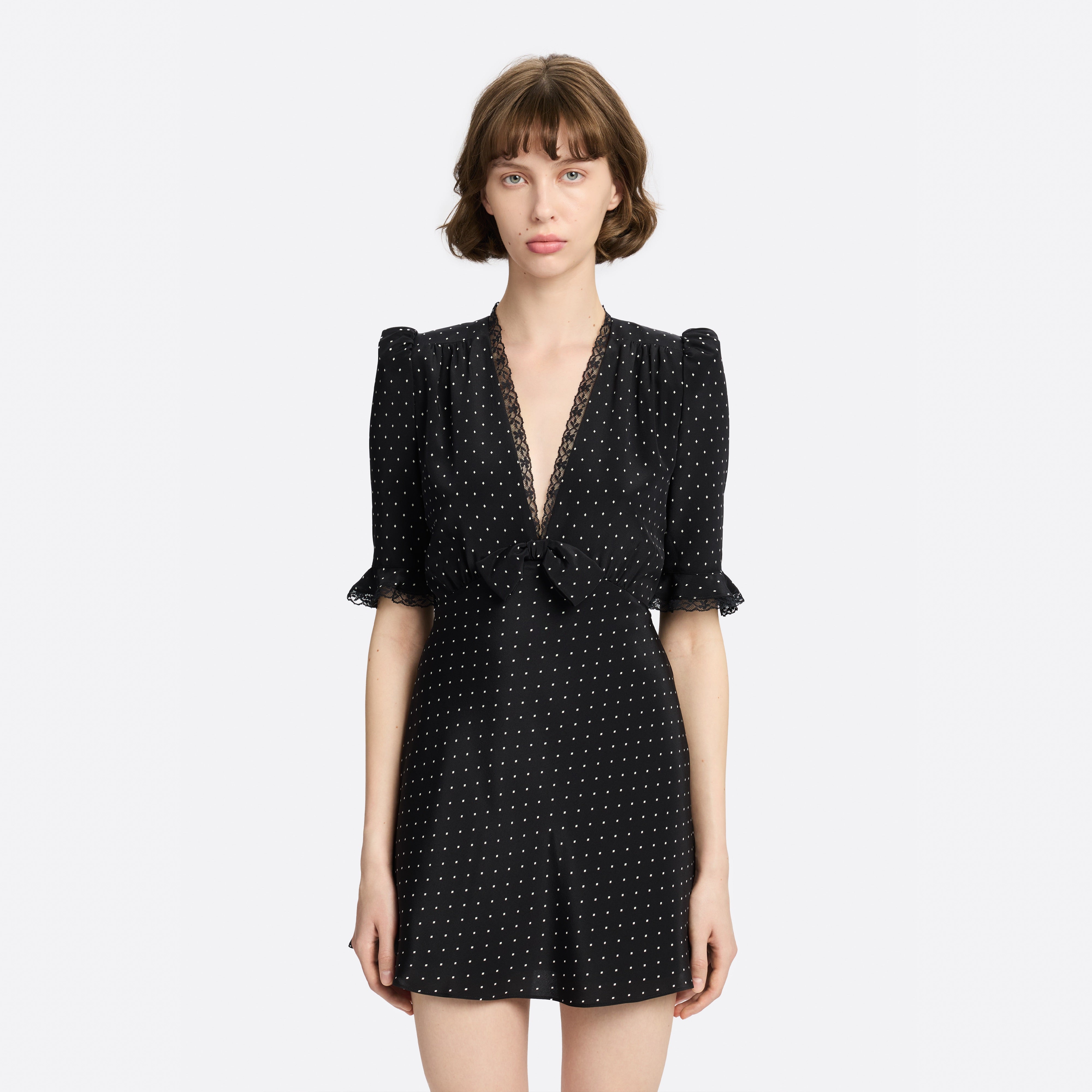 Alessandra Rich Silk Mini Dress With Bow robe noire ivoire 40