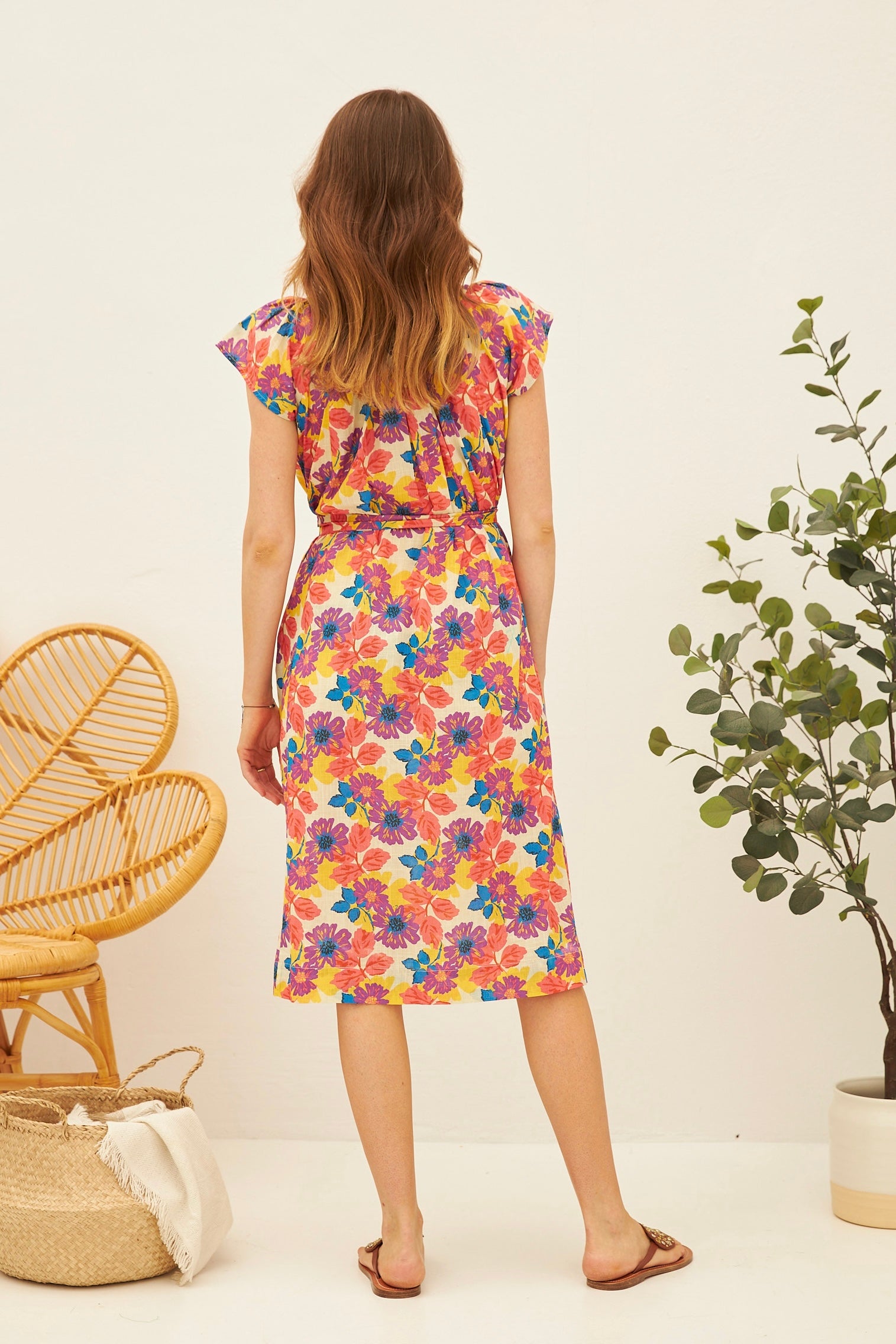 Chicosoleil Camilla robe écru Fleurs Jaipur midi coton