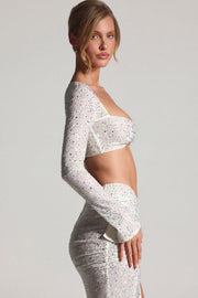 Oh Polly Lumina crop top blanc strass manches longues