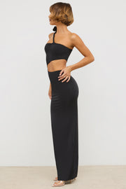 Oh Polly Kalina robe maxi noire jersey asymétrique fente