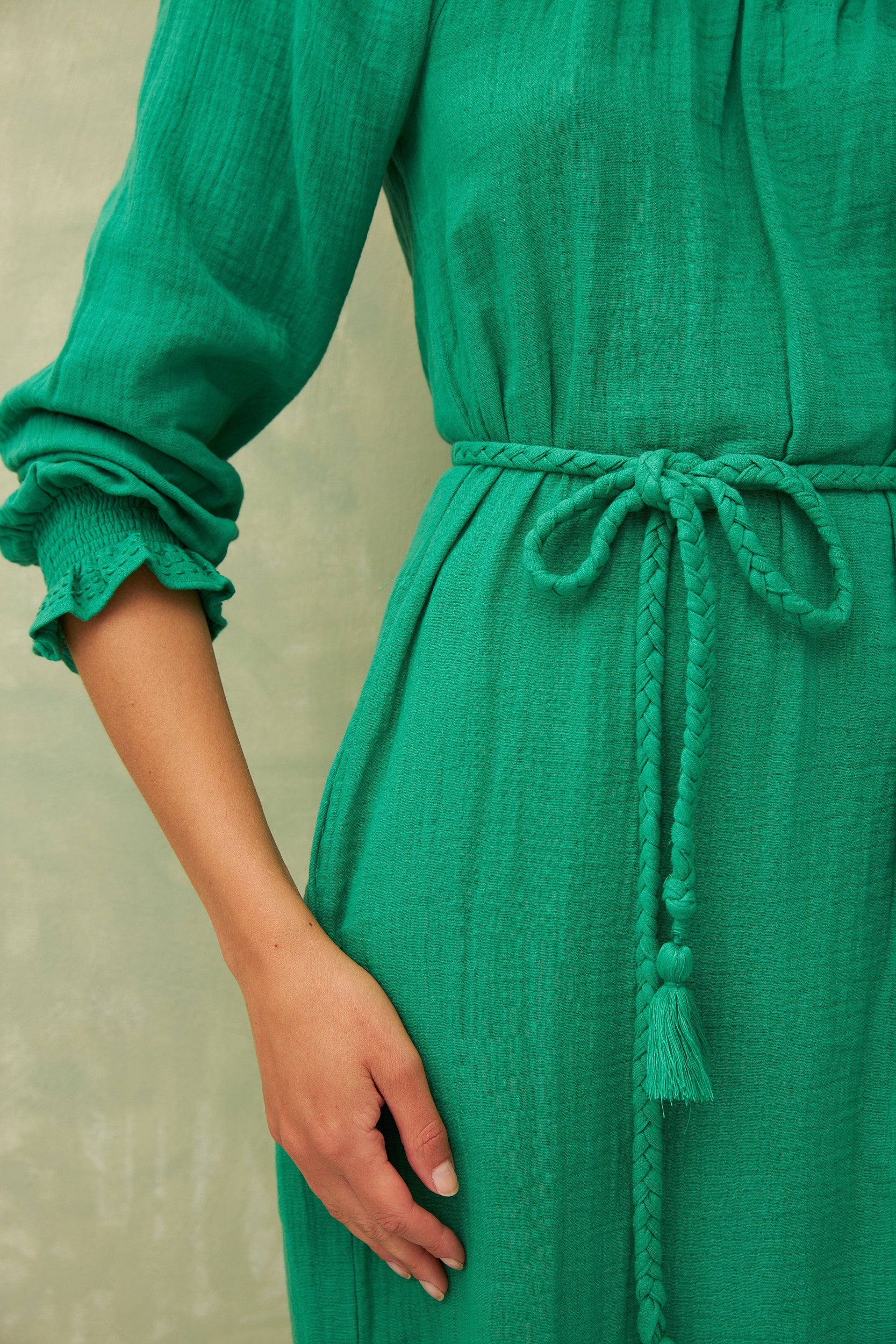 Chicosoleil Pepita robe midi verte asymétrique gaze coton