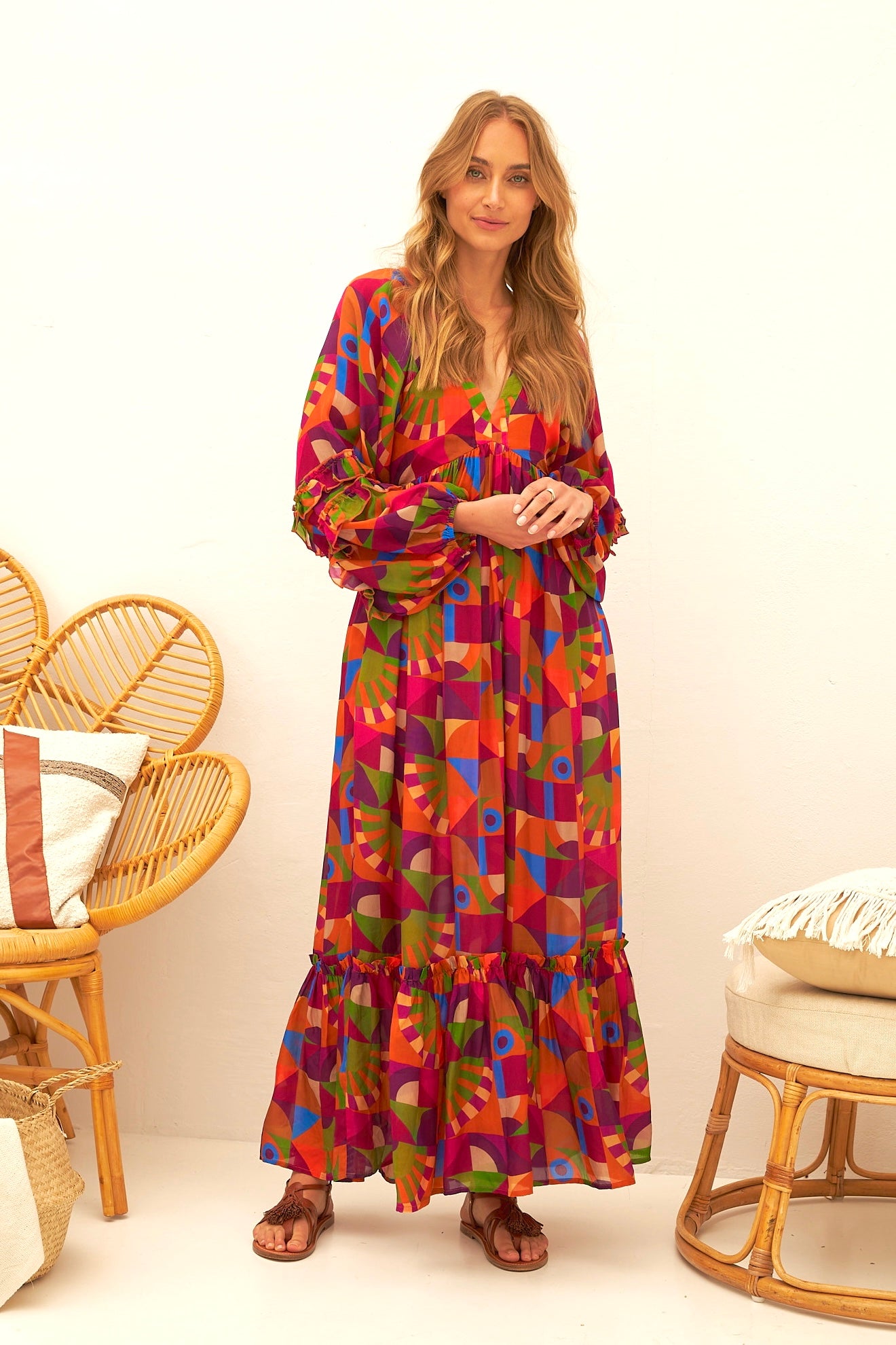 Chicosoleil Robes Georgette robe longue toucan viscose manches ballons