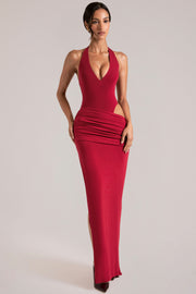 Oh Polly Deep Plunge Halterneck robe longue rouge cerise découpe