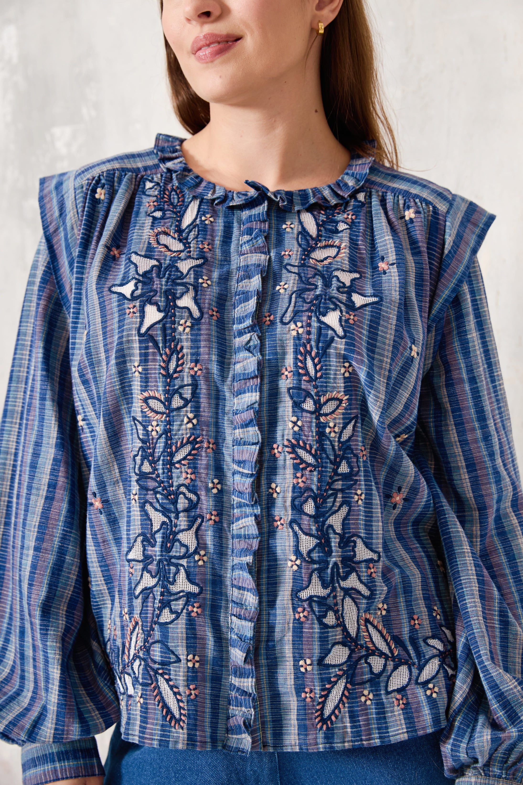 Chicosoleil Adriel chemise coton bleu carreaux brodée XS-XL