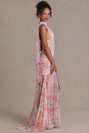 Oh Polly 15739 robe maxi rose fleurie strass foulard