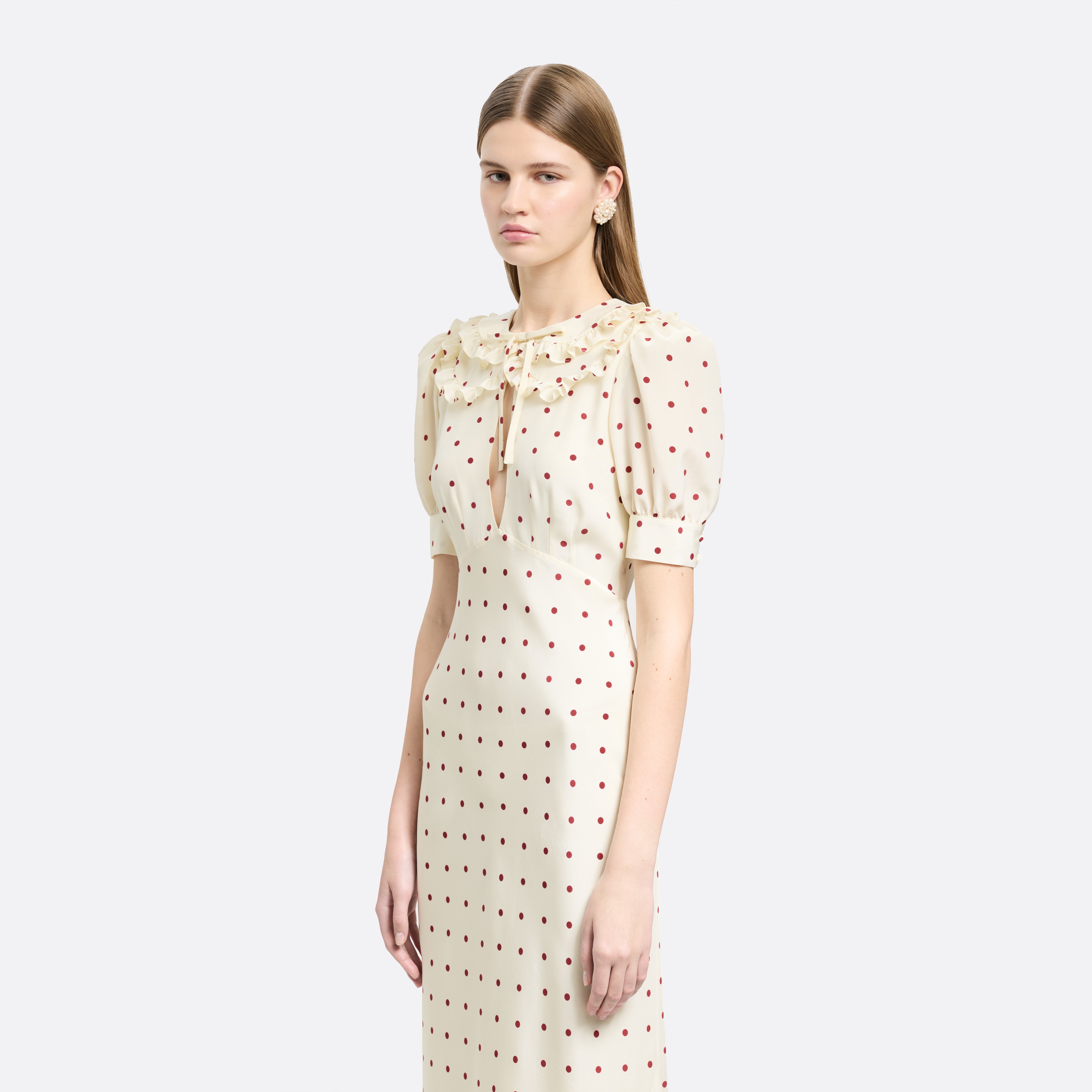 Alessandra Rich Dresses robe midi soie pois crème bordeaux