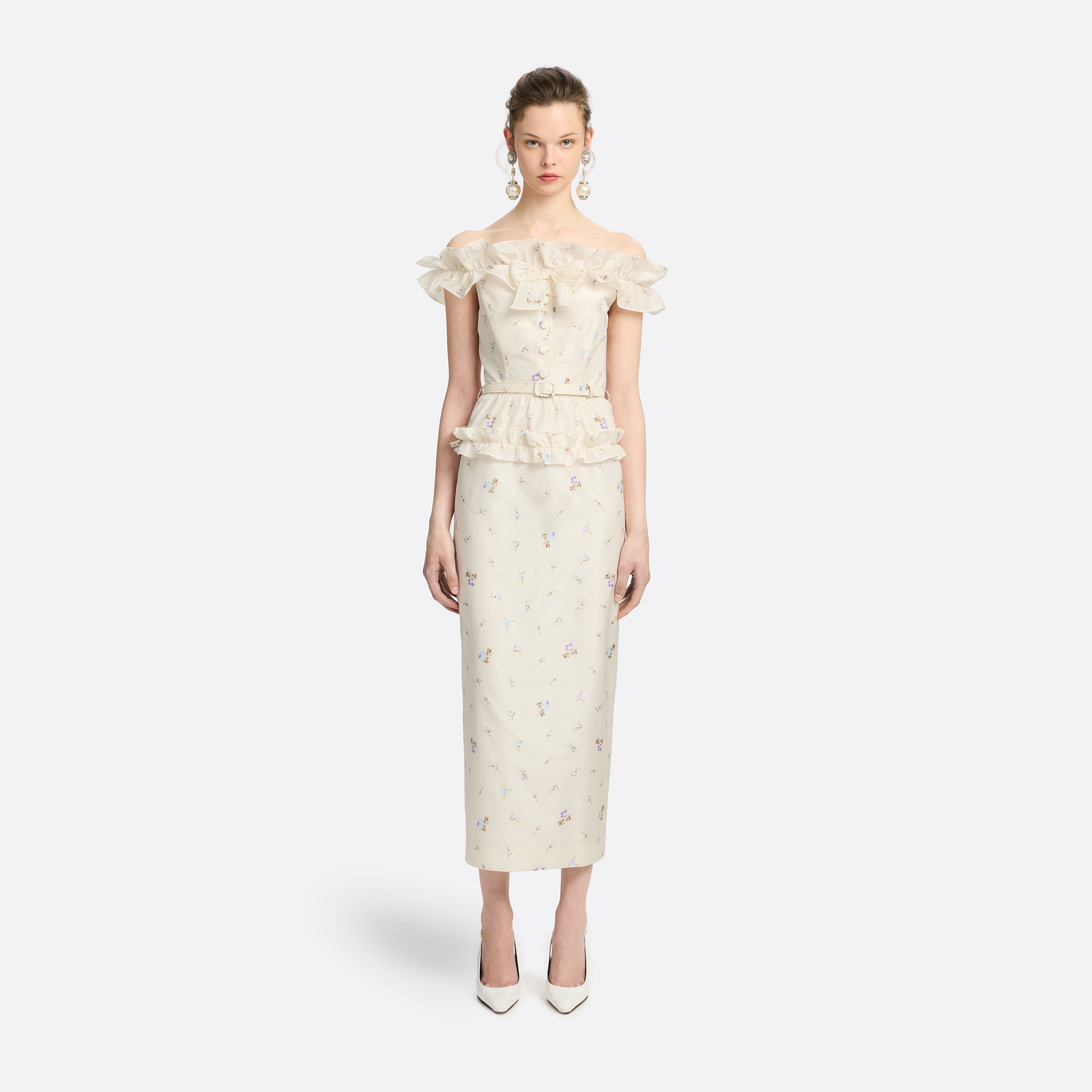 Alessandra Rich Floral Silk Taffeta Dress robe midi blanche fleurie