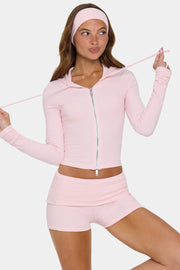 Oh Polly sweat capuche court pêche rayé zippé