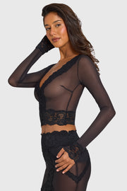 Oh Polly Knitwear Valeria gilet crop noir dentelle mesh