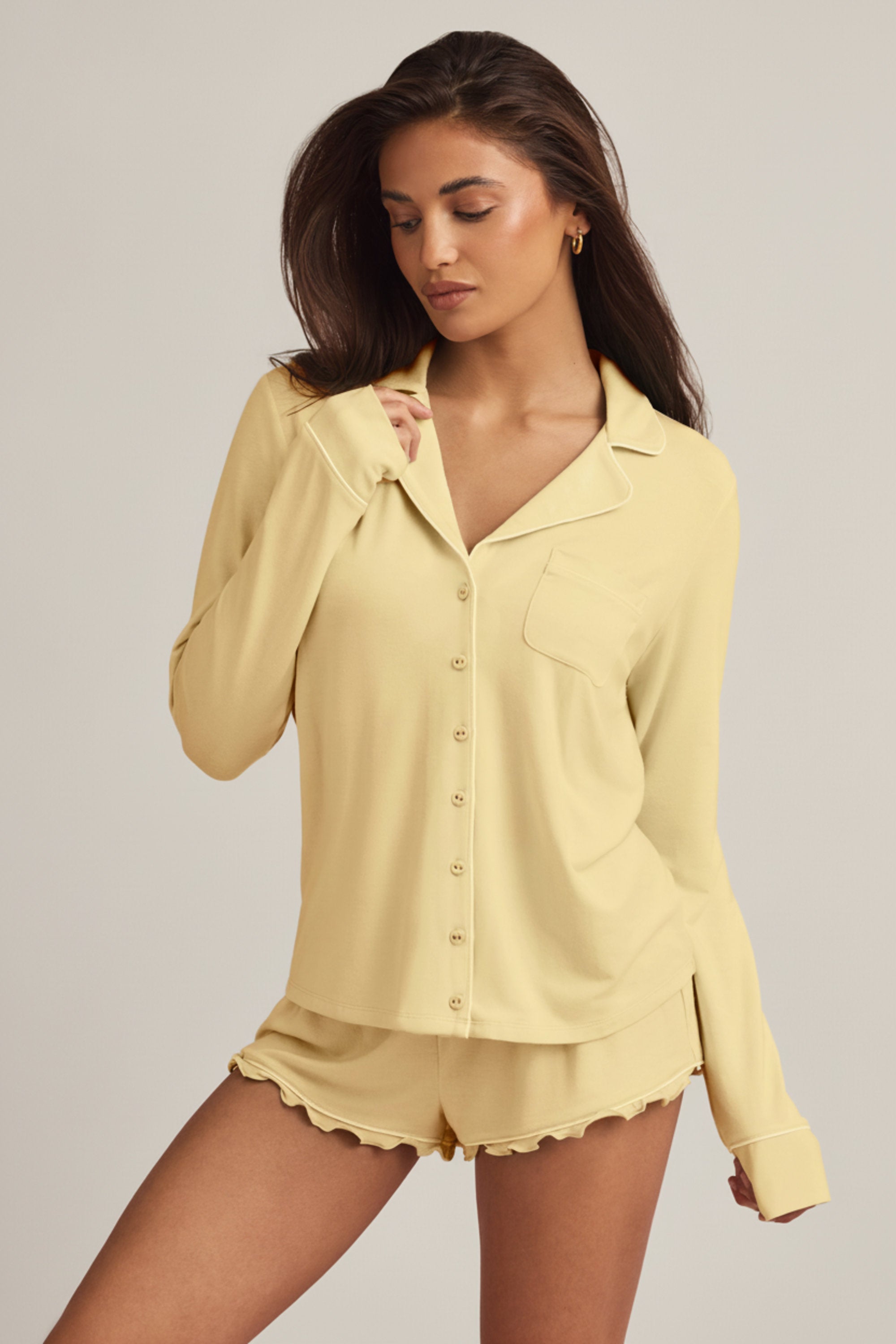 Oh Polly Mirae Haut Pyjama Modal Jaune Pastel Manches Longues