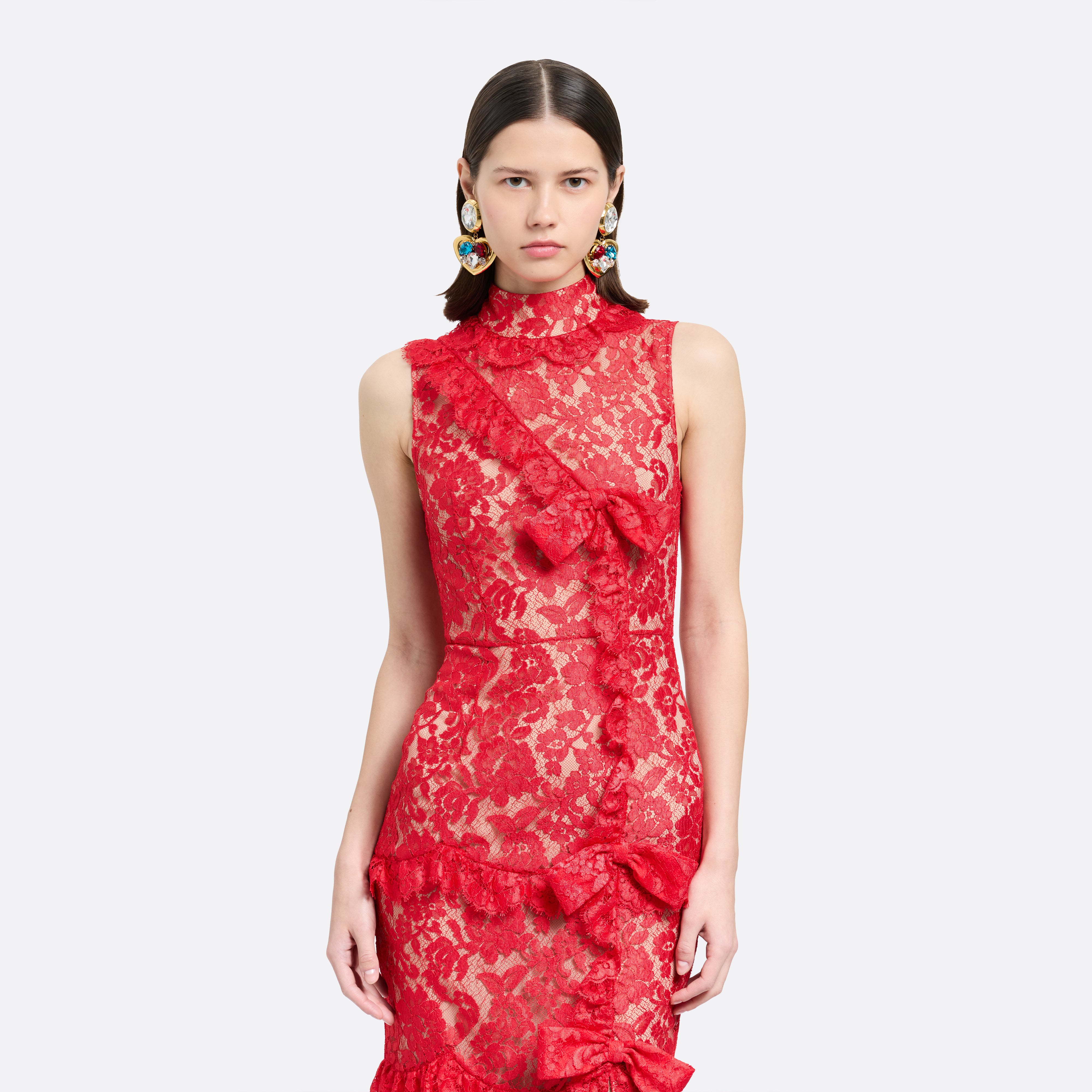Alessandra Rich Dresses Lace Robe dentelle rouge col montant