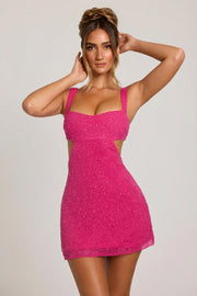 Oh Polly Emilion 7424 mini robe fuchsia perlée dos nu