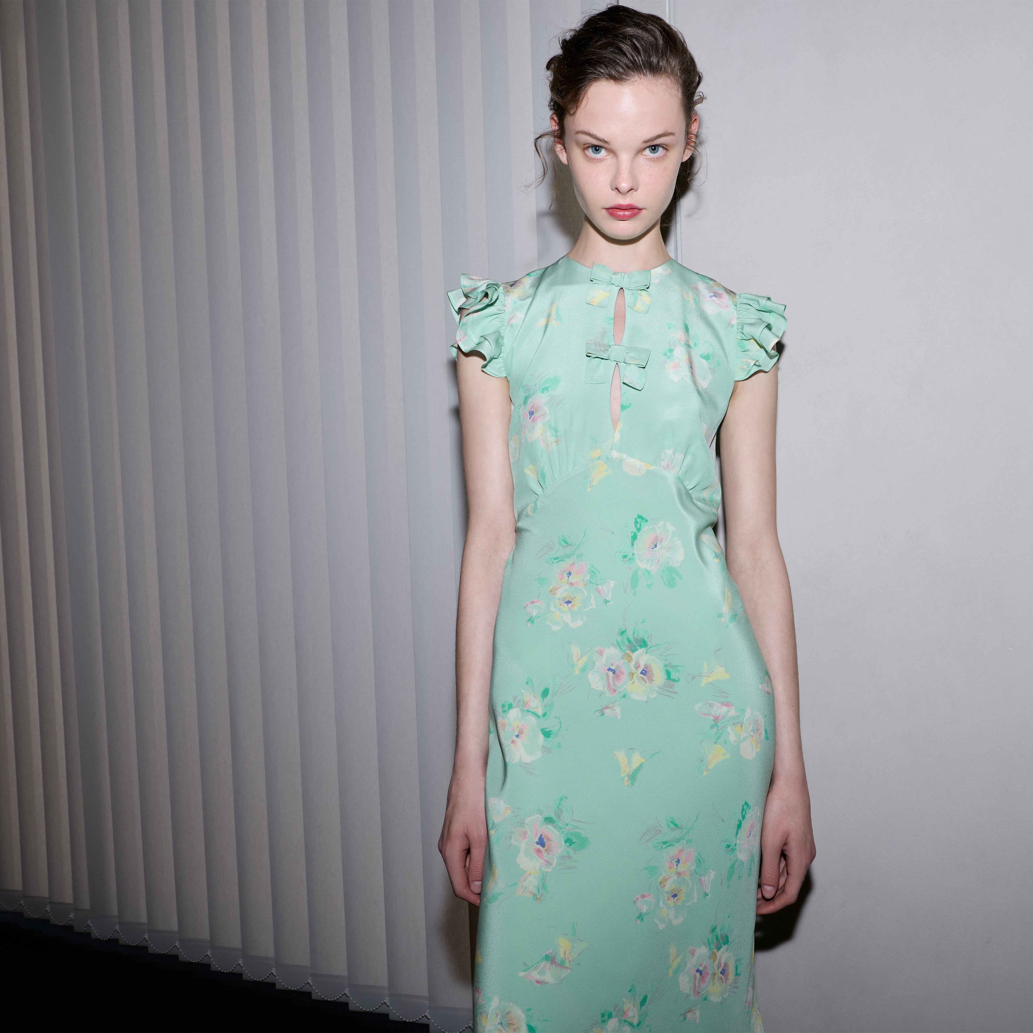 Alessandra Rich Robe midi soie volants vert multi