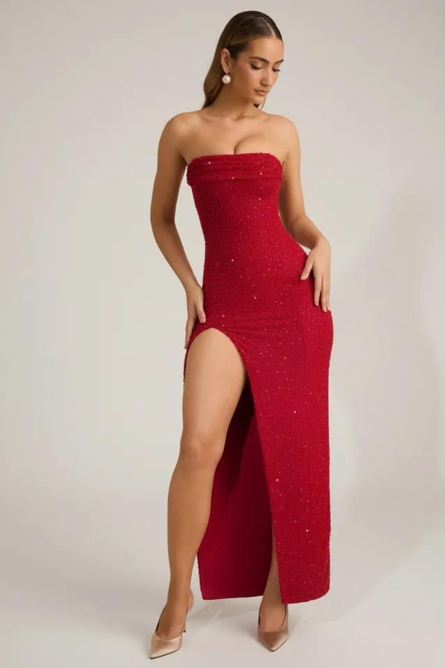 Oh Polly Embellished La Rochette 6750 robe maxi rouge perles