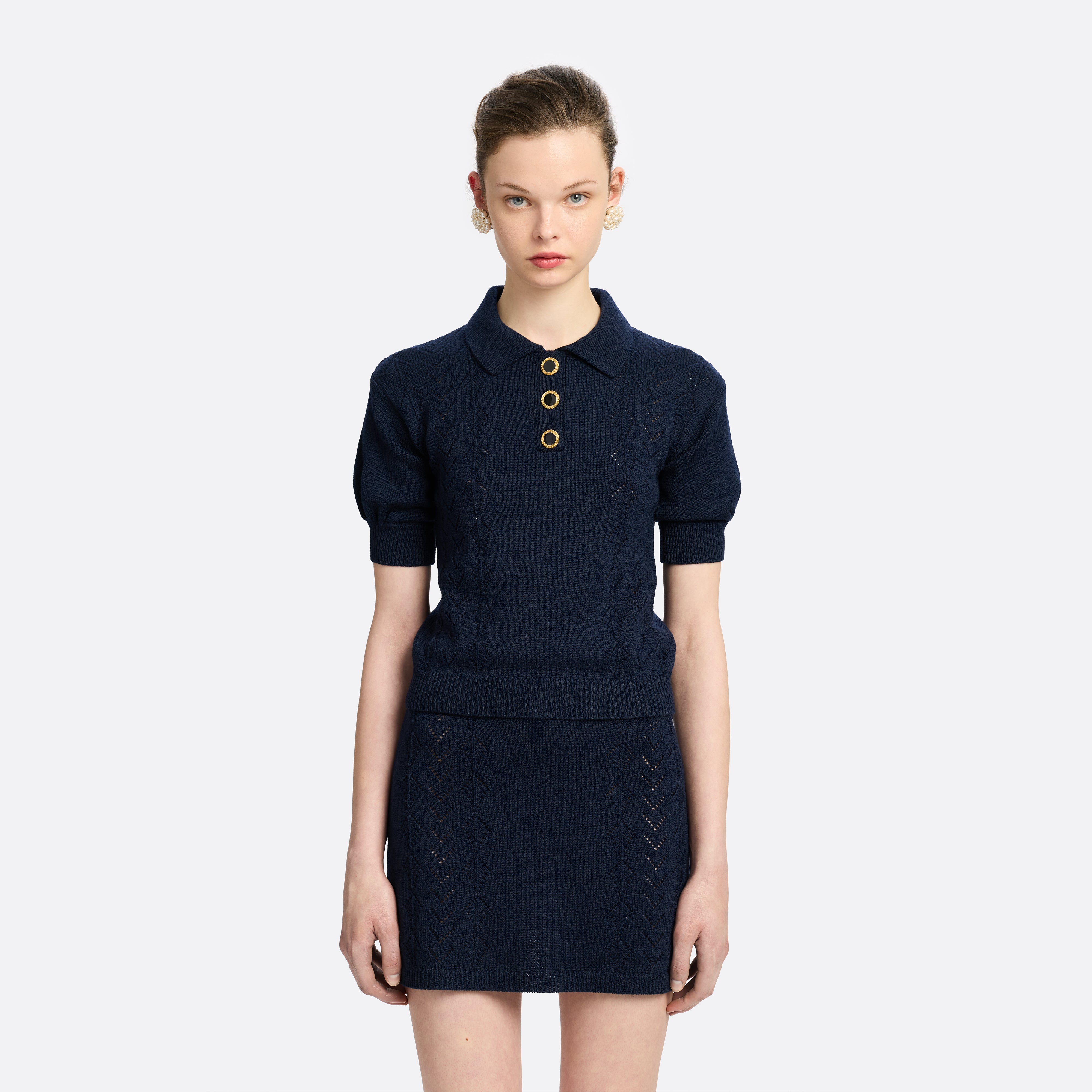 Alessandra Rich Knitwear polo dentelle laine bleu marine 36-46