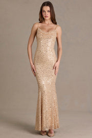 Oh Polly Embellished robe maxi dorée sequins dos ouvert