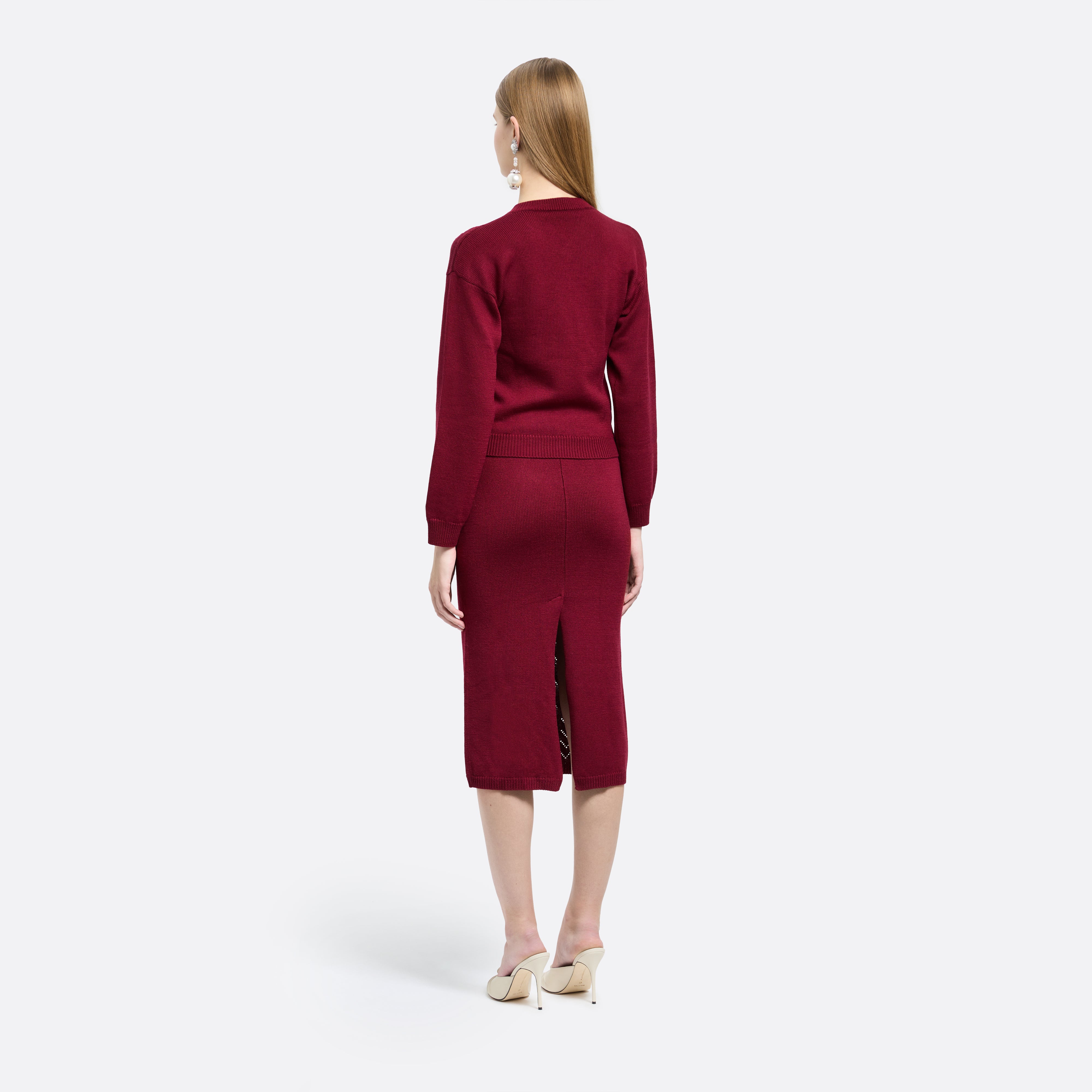 Alessandra Rich Merino Wool Lace-Knit Midi Skirt jupe bordeaux 36