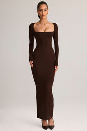 Oh Polly Lux robe longue marron col carré moulante