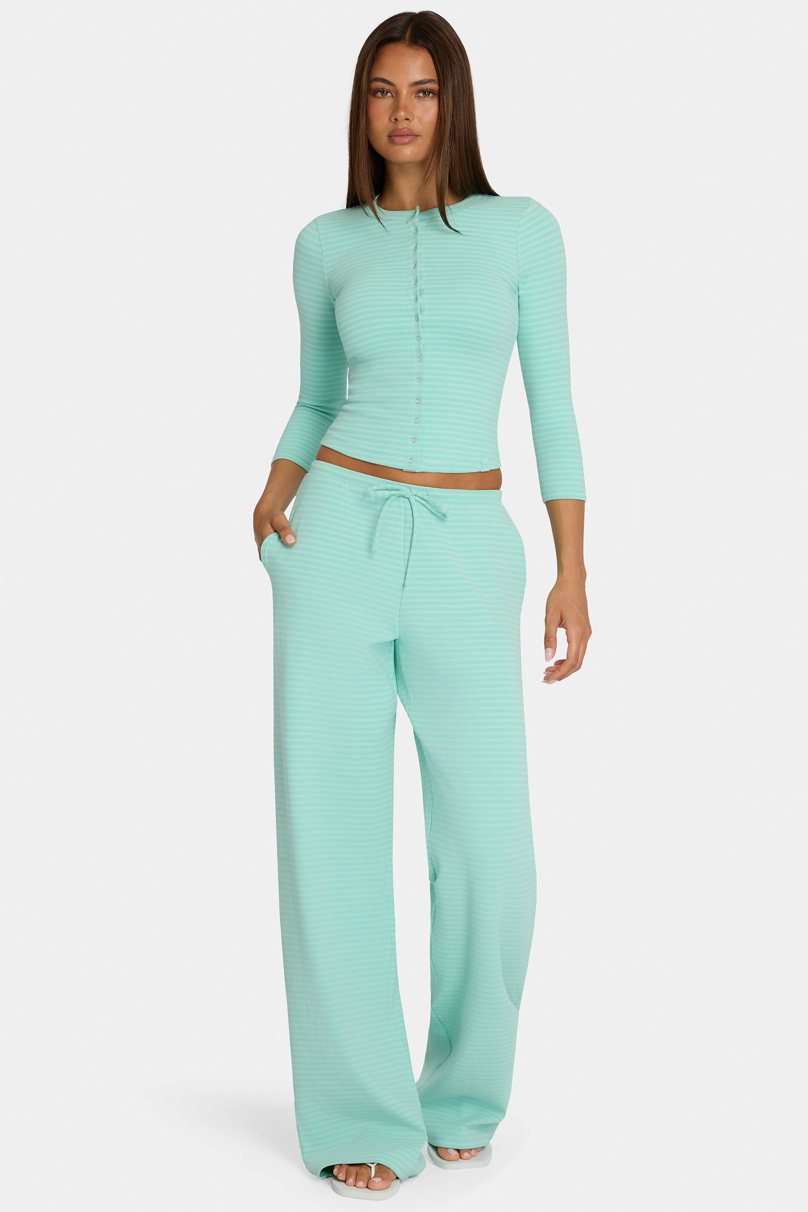 Oh Polly Bo+Tee pantalon large aqua stripe taille basse