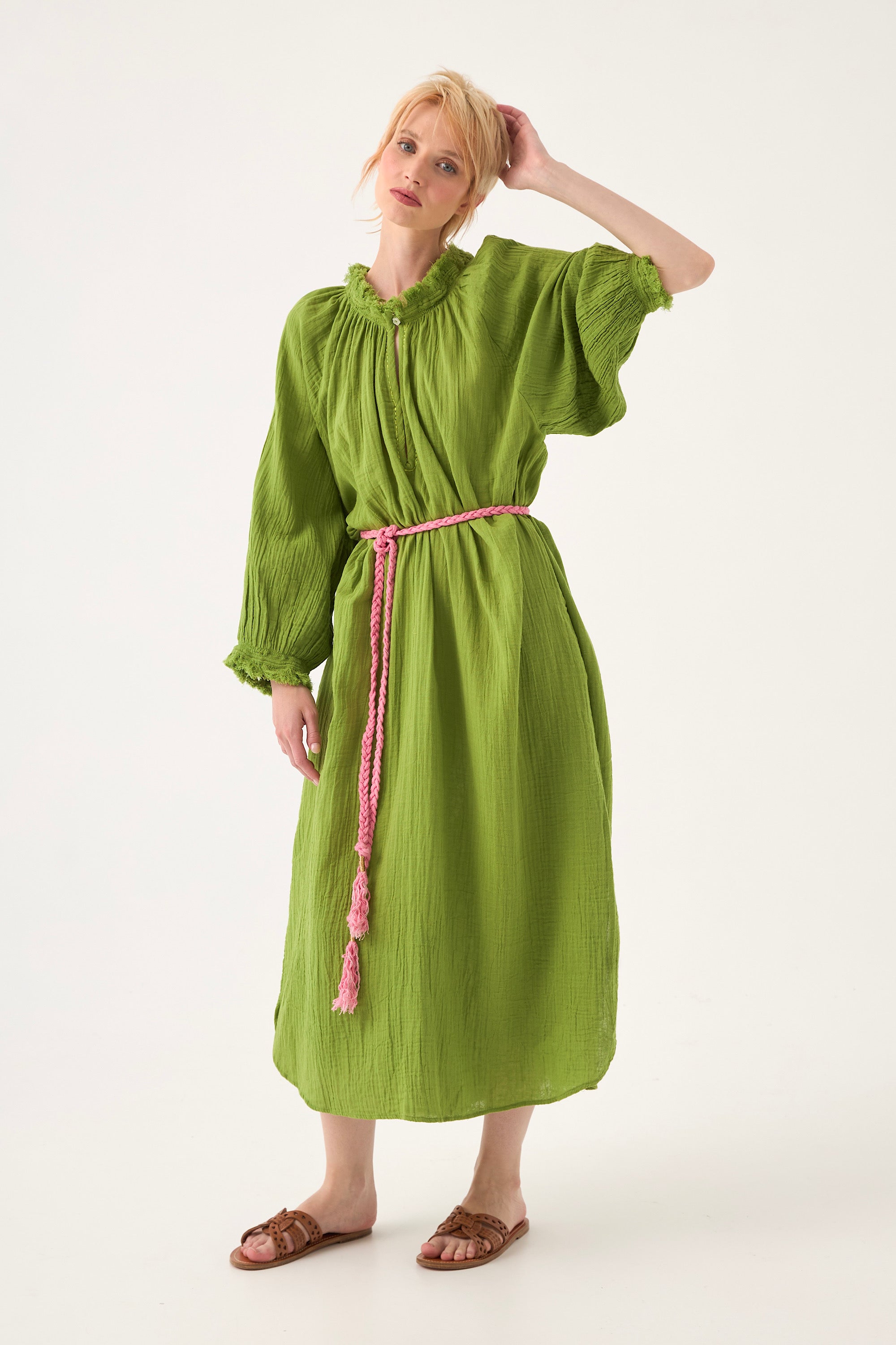 Chicosoleil Marigold robe longue vert péridot gaze coton
