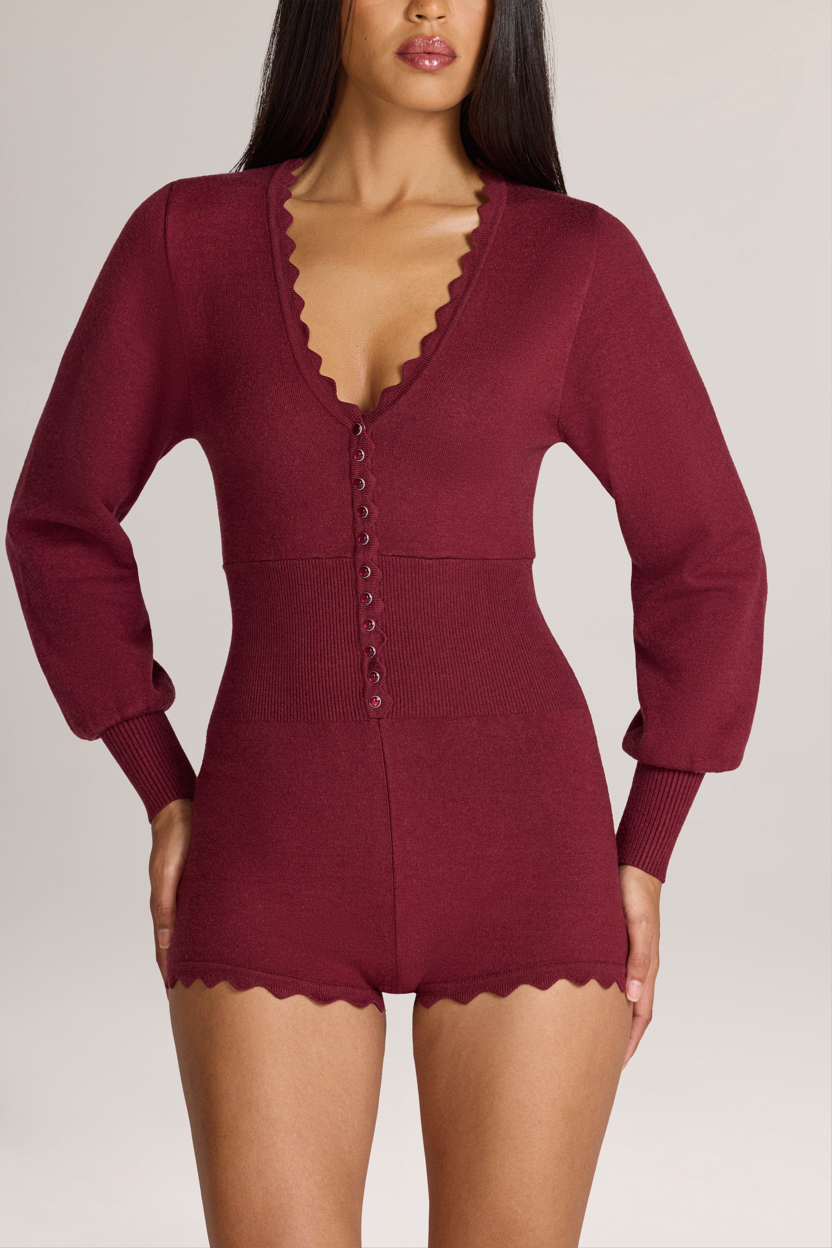 Oh Polly Myla Combishort Maille Bordeaux Manches Longues S