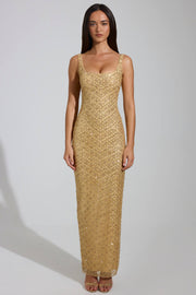 Oh Polly Yarina robe maxi dorée strass roses fente cuisse