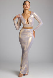 Oh Polly Zahra jupe longue maxi dorée jersey métallique