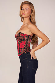 Oh Polly Top bustier corset satin léopard rose laçage