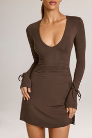 Oh Polly Dresses Iskra robe mini marron modal col V