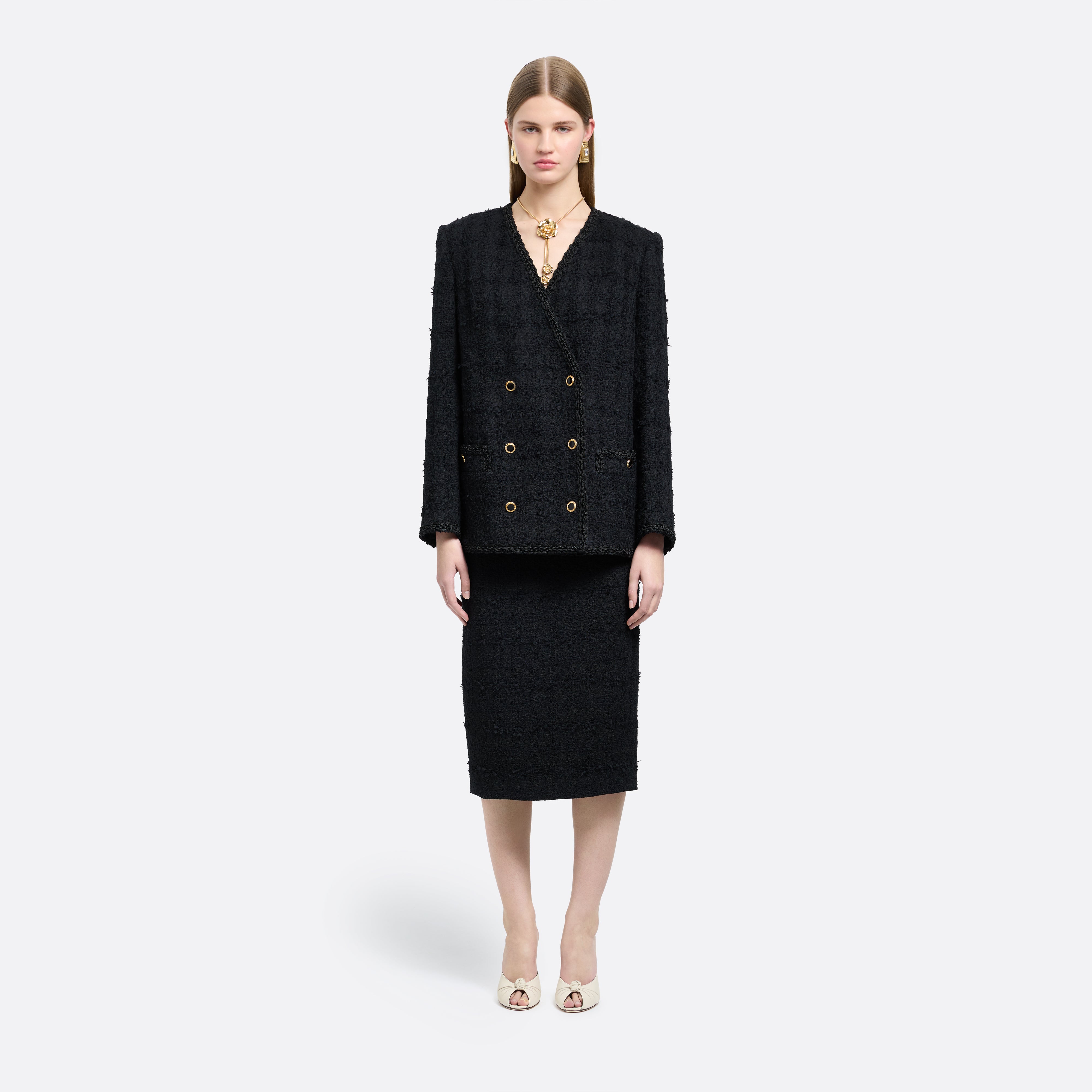 Alessandra Rich Check Tweed Bouclé jupe midi noire fente
