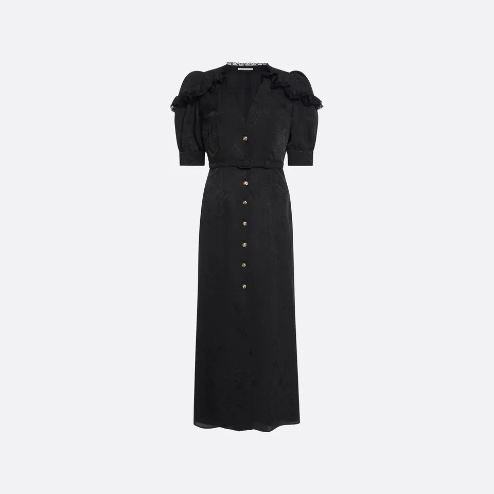 Alessandra Rich Silk Jacquard Midi V-Neckline robe midi noire soie
