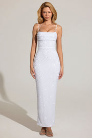 Oh Polly Constance robe maxi blanche perlée sequins