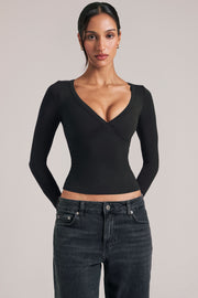 Oh Polly Tops 15988 top noir col V manches longues
